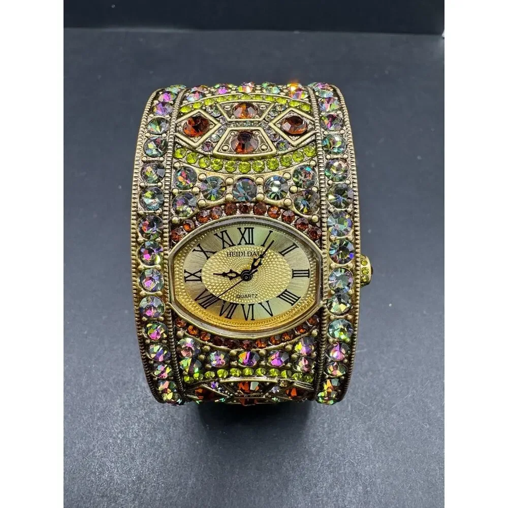 Vintage Heidi Daus B10254 Art Deco Multicolored Gems Cuff Watch Japan Quartz